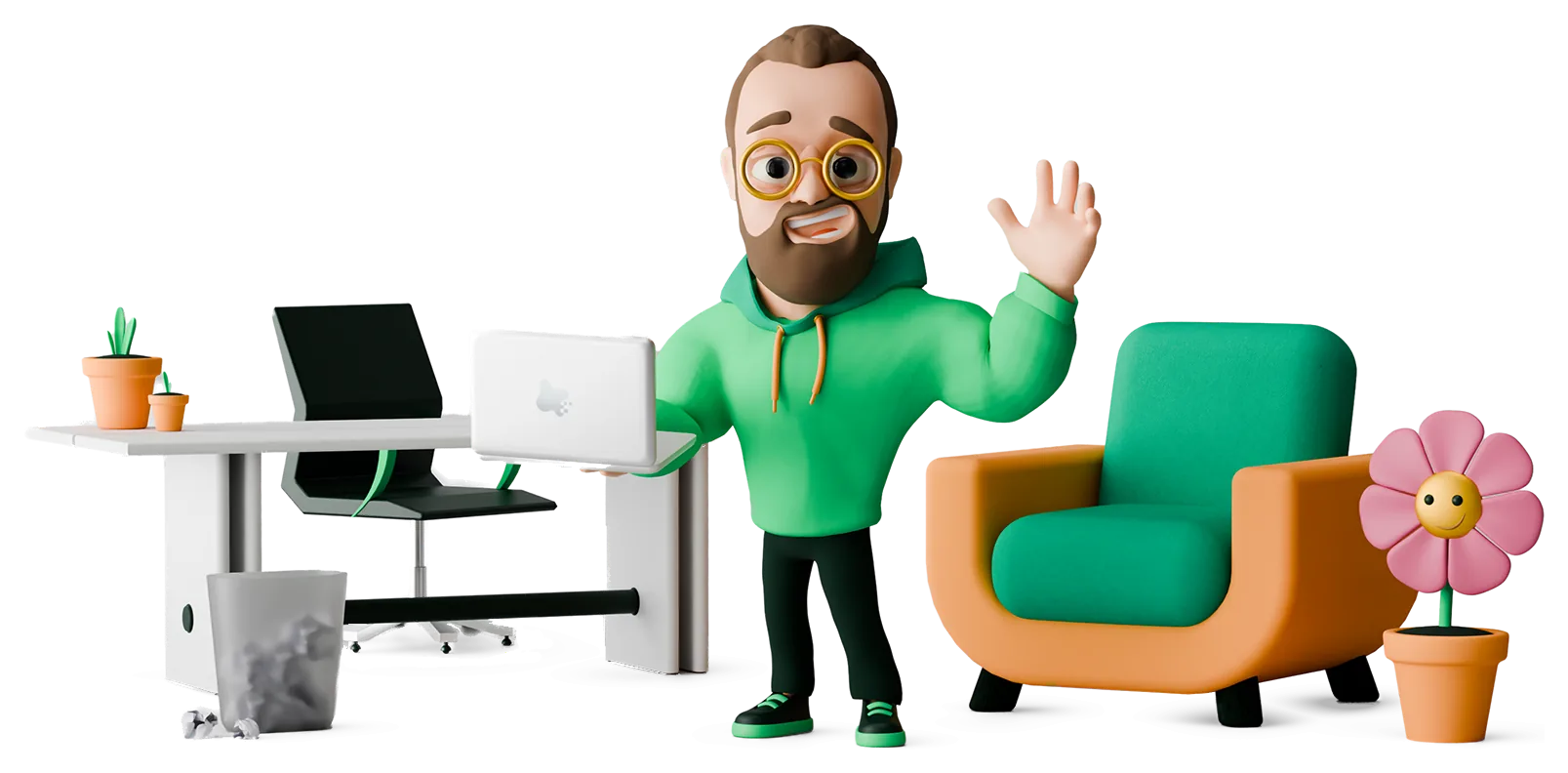 Dennis von Flubber Pixels winkt mit einem Laptop in der Hand, daneben Schreibtisch, Sessel und eine lächelnde Blume